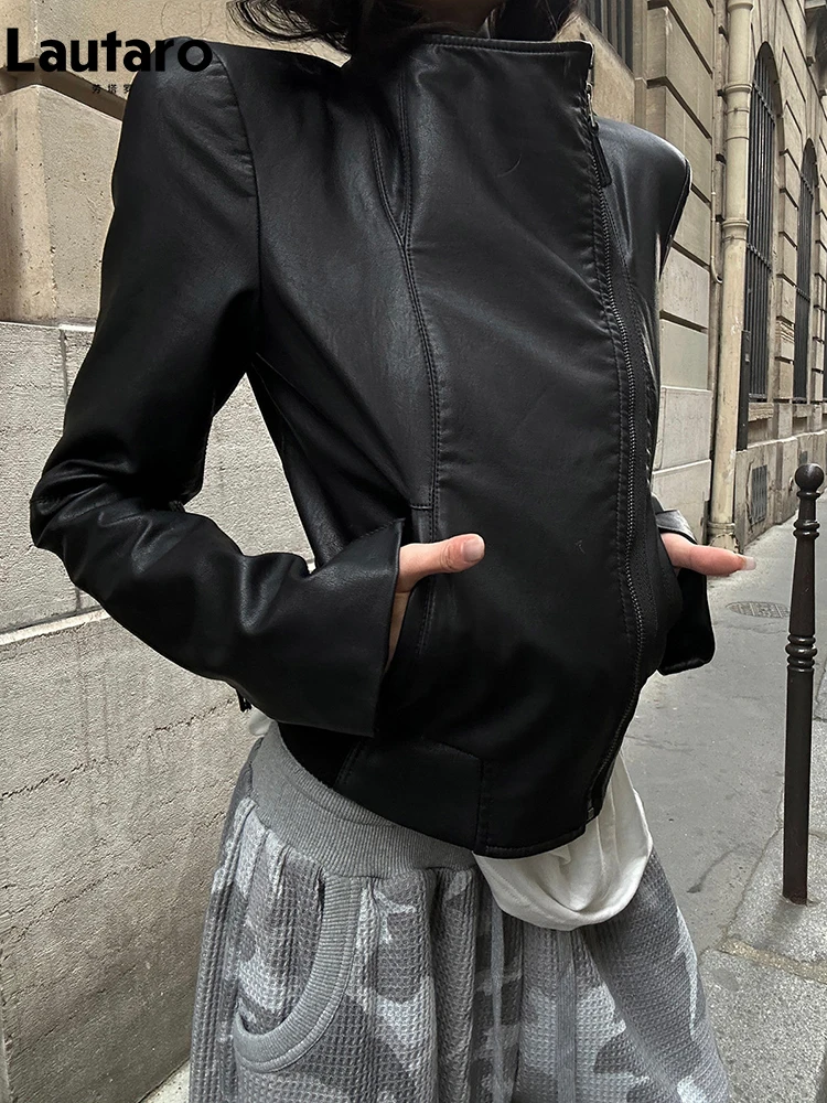 Lautaro Autumn Short Fitted Matte Black PU Leather Jacket Women Shoulder Pads Long Sleeve Luxury Designer Streetwear Clothes