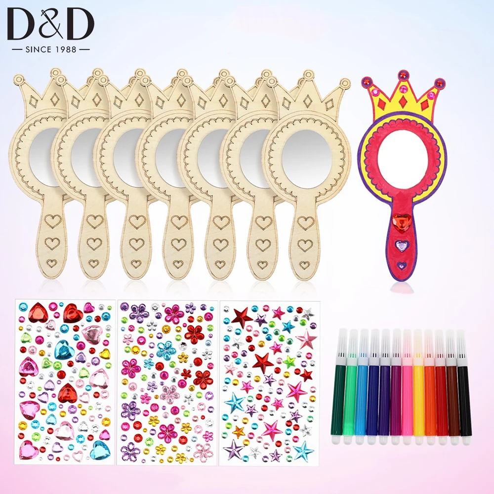 

8pcs/set Wooden Handheld Mirror Craft Kit Watercolor Pens Stickers Crown Mirror for Princess Birthday Party Decorations