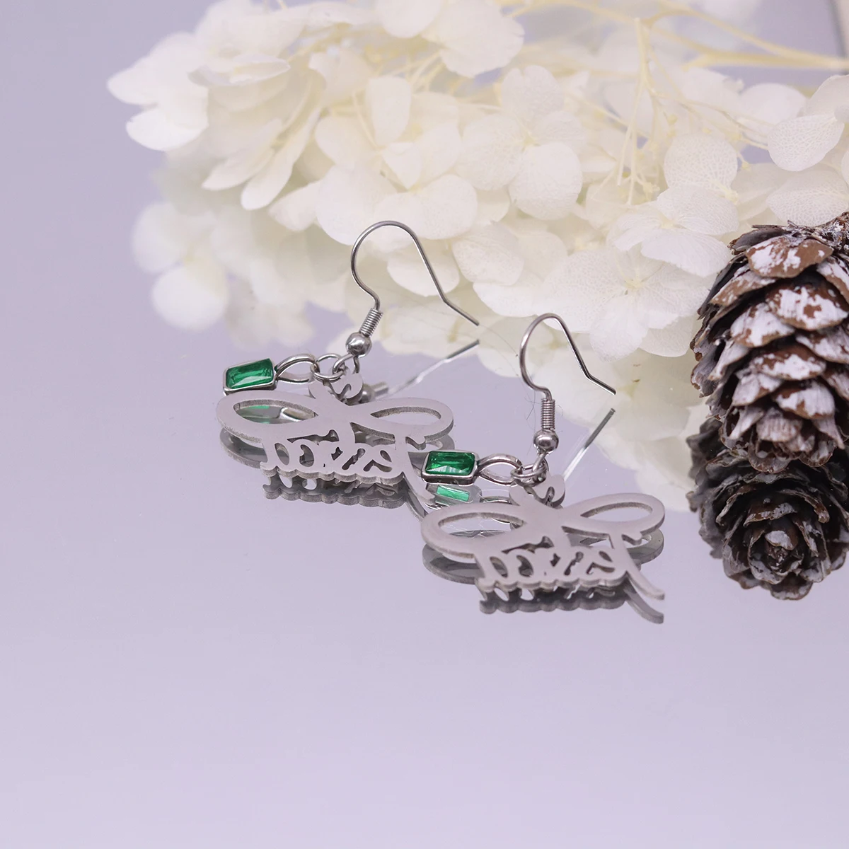 

Chandler Custom Name Bow Earrings with Green Zircon, Romantic Ribbon Themed Dangle Earrings, Ethnic Jewelry for Women