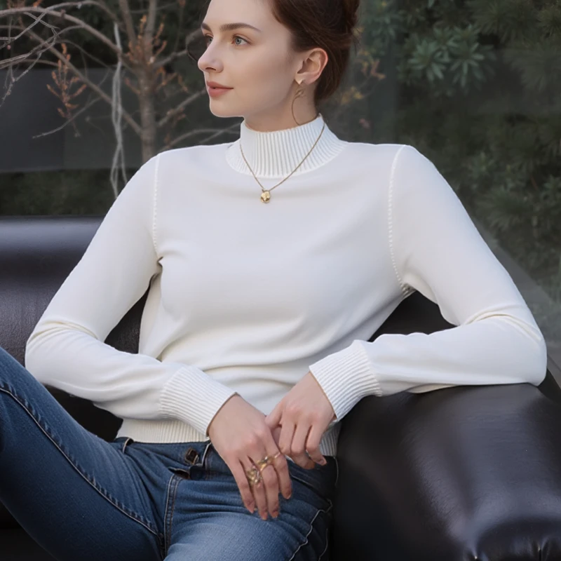 

Модный элегантный однотонный мягкий свитер с длинным рукавом, женский осенне-зимний облегающий вязаный топ с высоким воротом, новый повседневный трикотаж