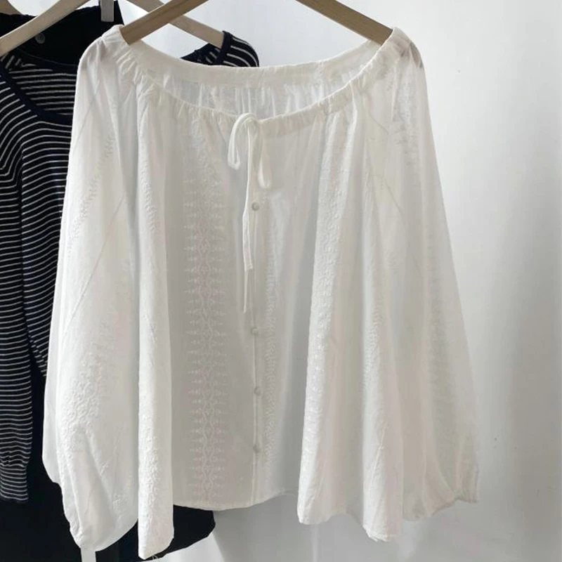Korean O-Neck Lace Up Women Shirts Elegant Lady Embroidered Lantern Sleeve Blusas 2025 Summer Casual Loose Holiday White Blouses