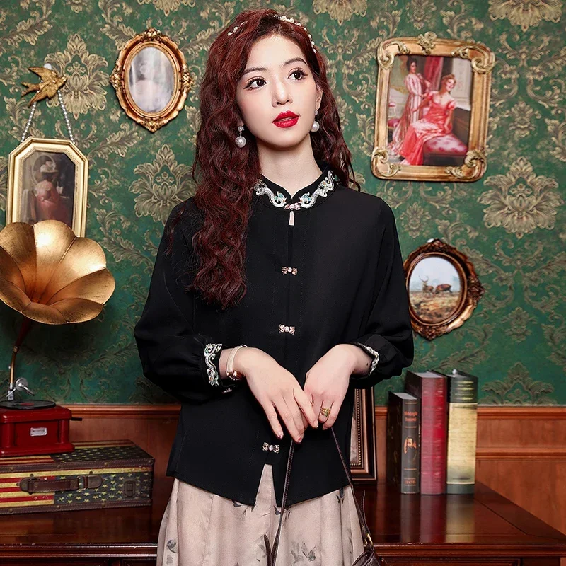 Women's Size New Chinese Style Standing Collar Embroidered Shirt for Women's Spring with A Versatile and Slimming Design