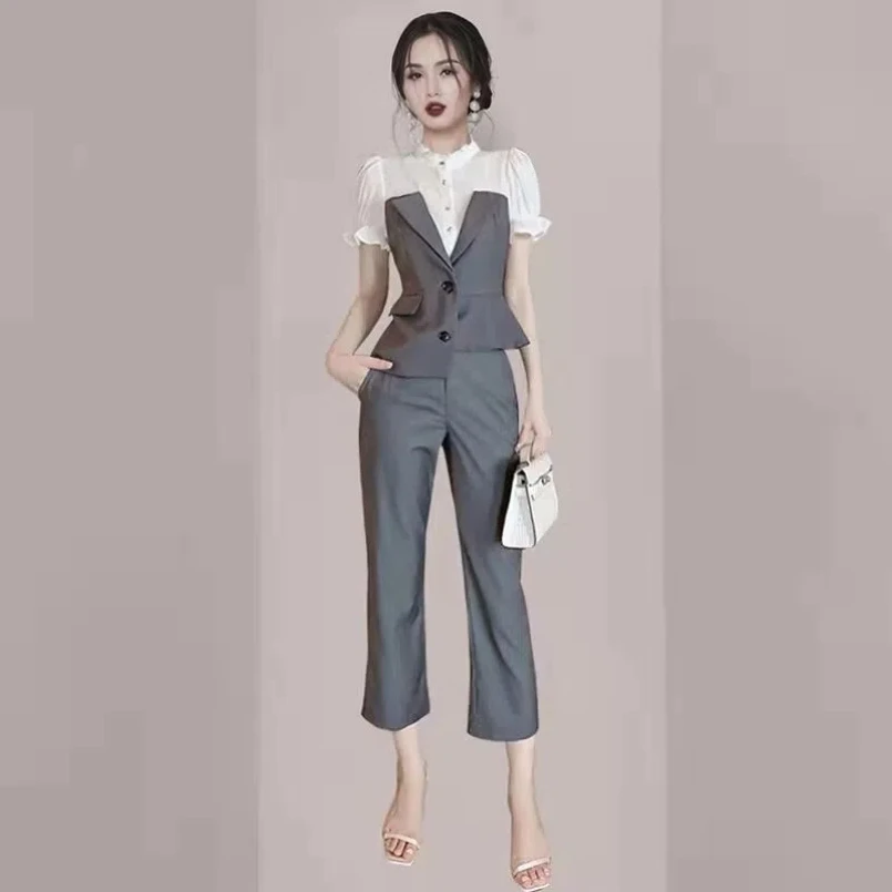 High End Socialite Shirt Wide Leg Pants Set for Women's 2024 Spring/summer Professional Short Sleeved Waist Two-piece Set