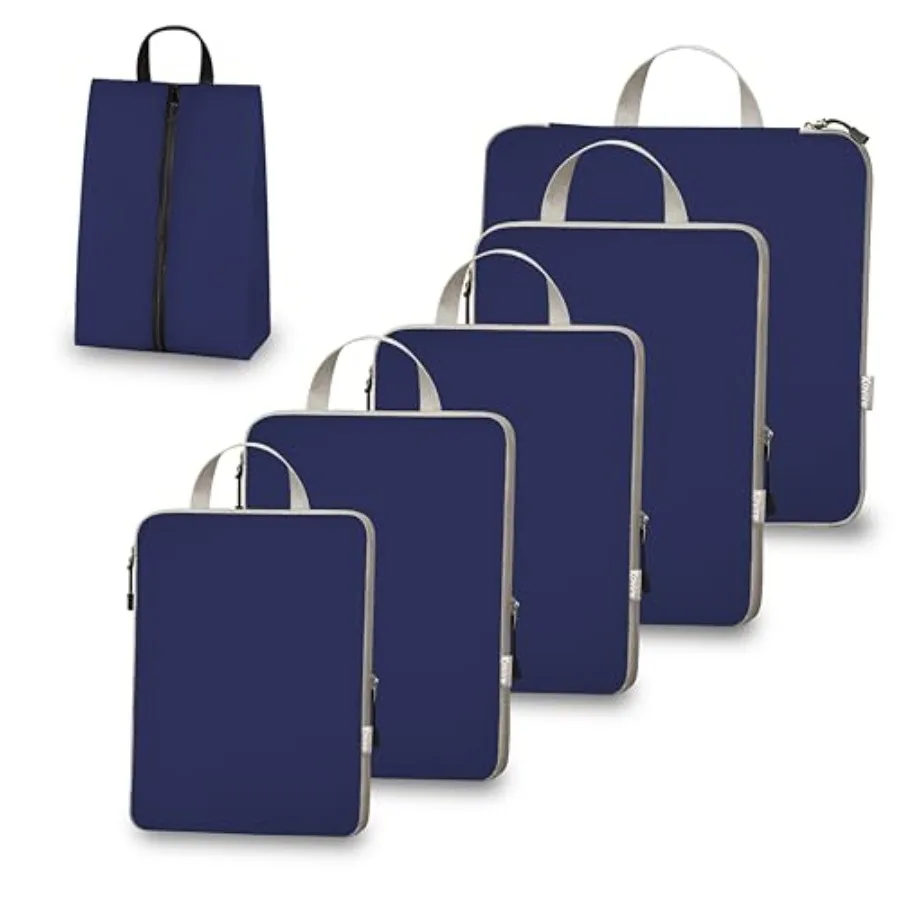 

Набор компрессионных упаковочных кубов (6 шт.) с расширяемыми органайзерами для багажа и сумкой для обуви, легкие, водонепроницаемые, синие, для чемодана