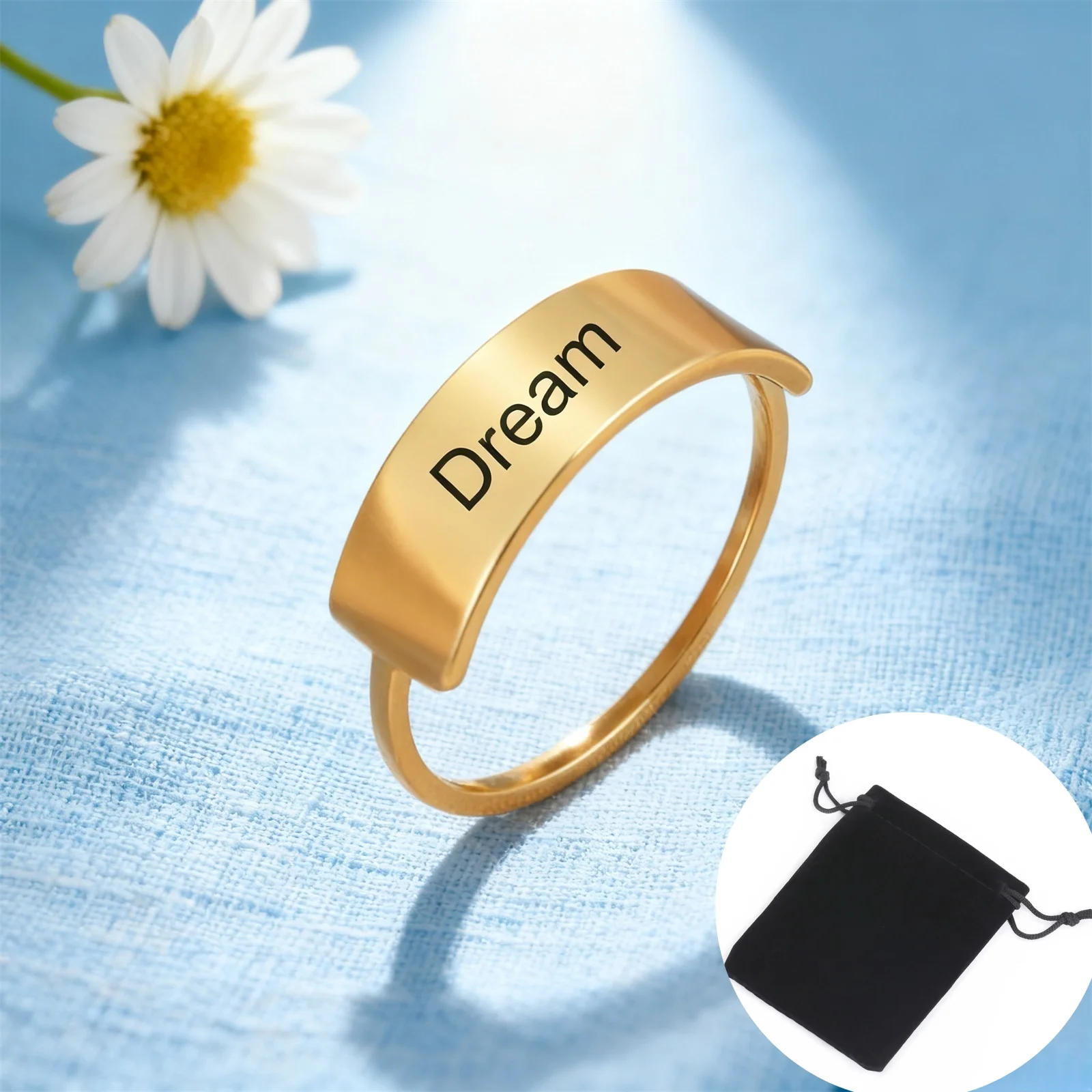 

Customized Name Date Women's Ring Stainless Steel Geometric Rectangular Carving Name Logo Ring Couple Jewelry Gift