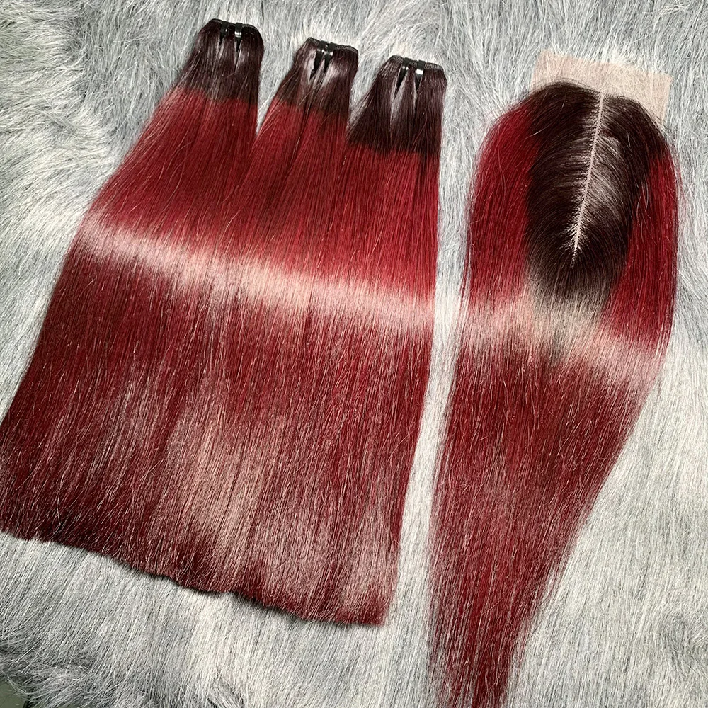 Extensiones de cabello humano virgen liso con cierre de encaje, 3 mechones con cierre, color rojo vino, hueso negro, 2x6, Vietnam