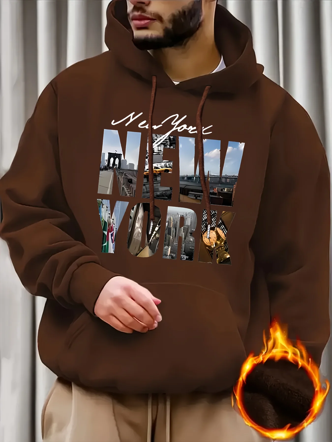 New Personality New York English Letters City Landscape Print Men Hooded Sweatshirt Autumn Winter Daily Casual Warm Street Style