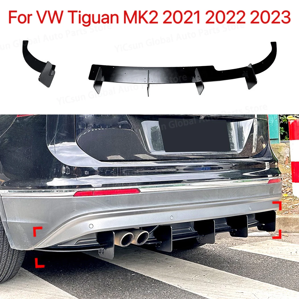 For VW Tiguan MK2 2021 2022 2023 tail Glossy black Lower Rear Bumper Lip Diffuser Spoiler Splitter Protector Car Styling Auto