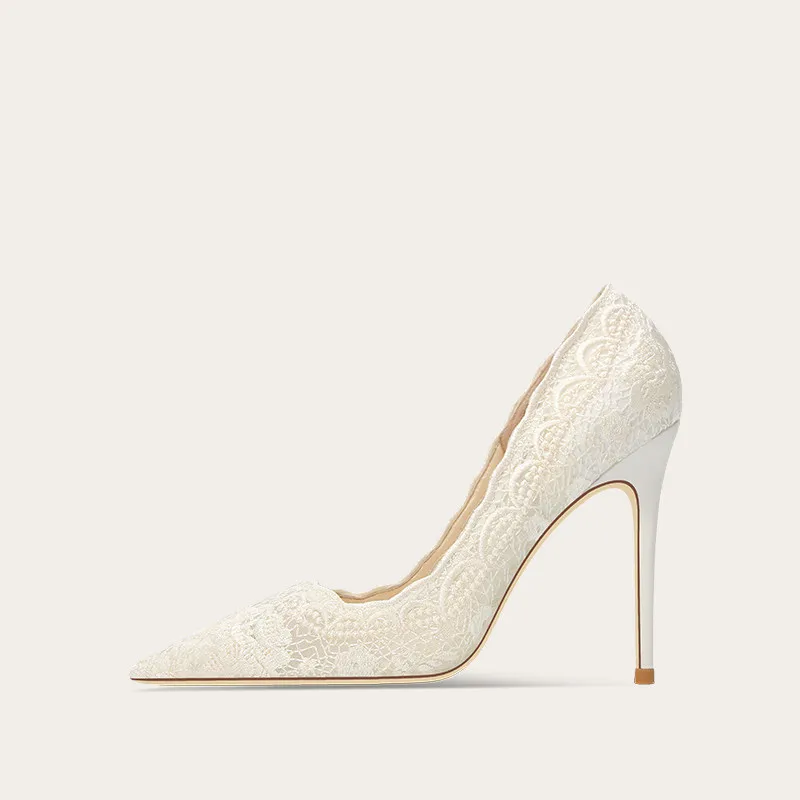 French Style White Wedding Dress Shoes Bridal Gown Lace Embroidery Heels Women Cheongsam Stilettos Qipao Pumps