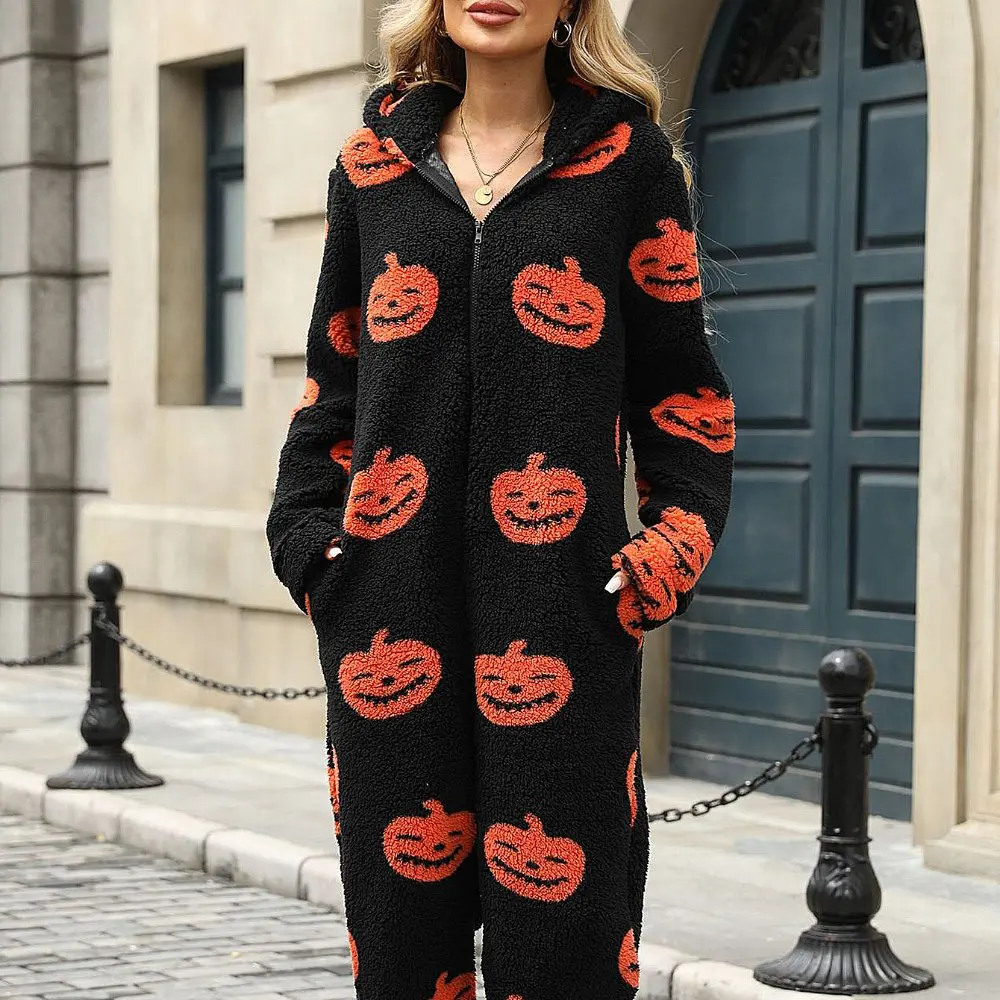 Women's Velvet Jumpsuit Halloween Pumpkin Printed Zipper Loose Plush Autumn Winter European American Style Fashion
