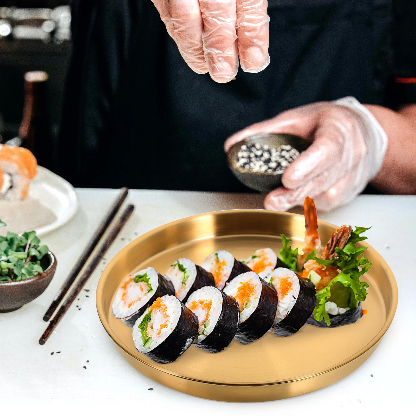 

Stainless Steel Round Metal Food Plate Smooth Surface Serving Dish For Steak Pasta Salad Dessert Snack Kitchen Serving