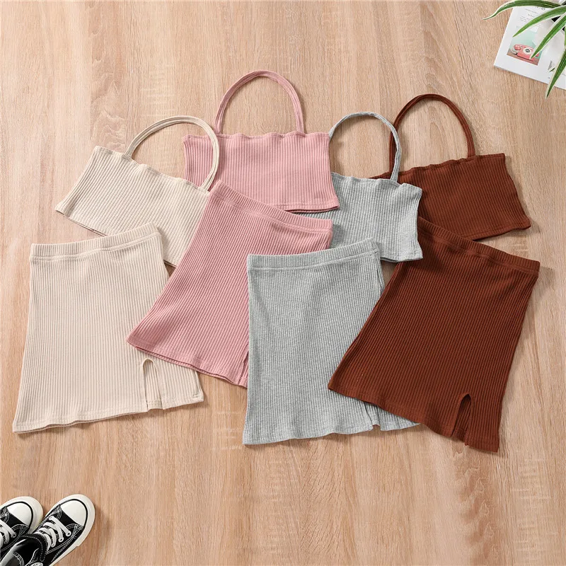 1-7years Kids Girls Summer Outfit Solid Color Ribbed Halter Neck Sleeveless Crop Tops + Short Slit Skirt Clothes Set