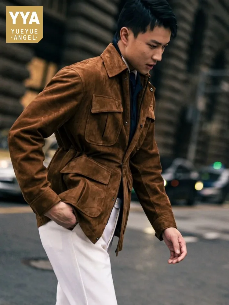 Business Men Autumn Winter 100% Suede Leather Work Jacket Vintage Natural Leather Coat Slim Fit Multi Pockets Outerwear Jackets