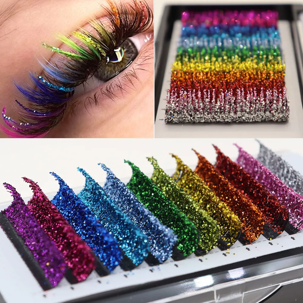 Modische Glitzer-Wimpernverlängerungen, Kristall, bunt, individuelle falsche Wimpern, Mischungsfarben, glänzendes russisches Volumen, professionelle Wimpern