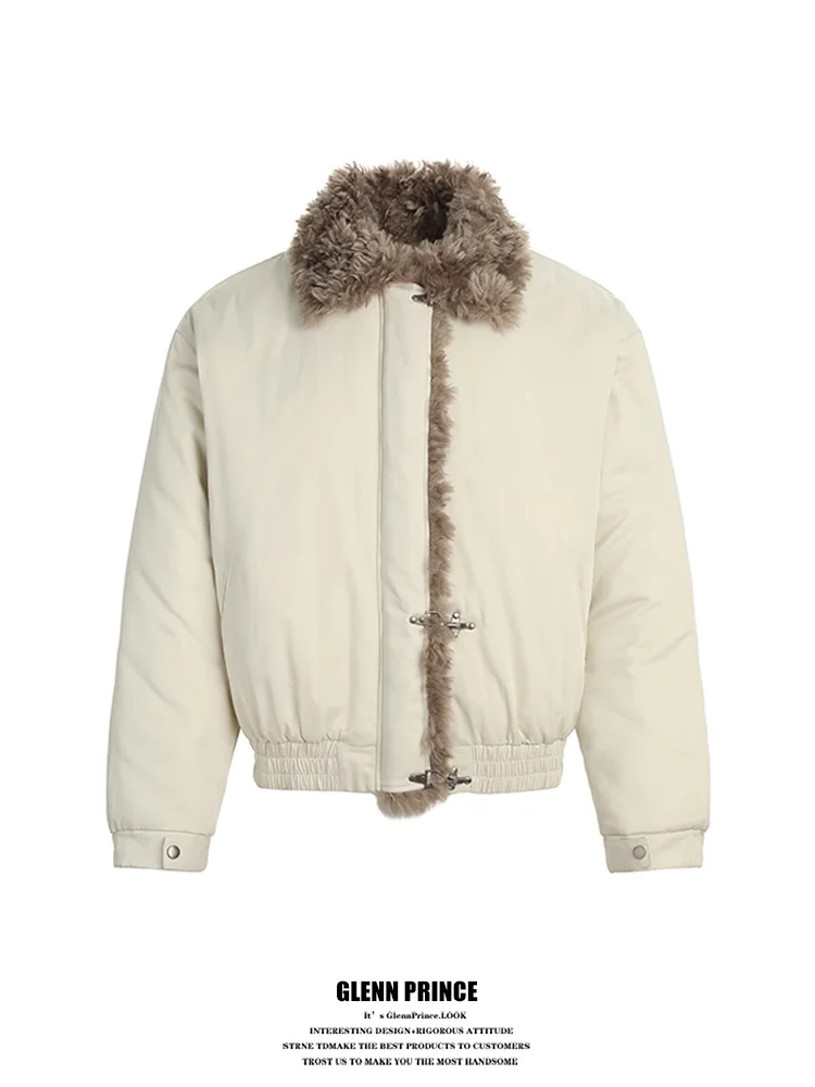 

GPstudio Vintage Barn Sle Cotton Jaet Men's Winter High-End Feel CleanFit Fur Collar Cotton Coat with Airplane Bule