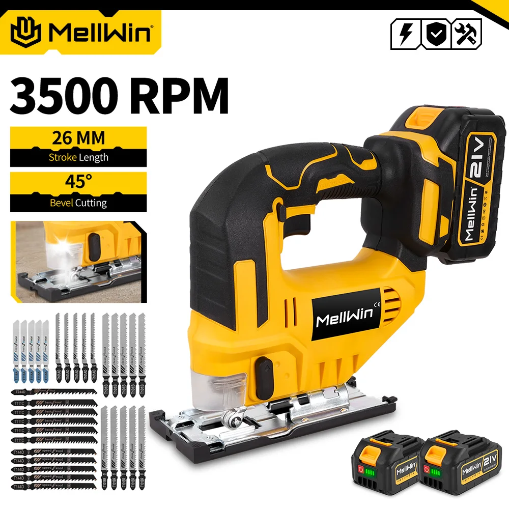 Scie sauteuse électrique sans fil MELLWIN 26 mm 3500 tr/min avec 31 lames, scie électrique multifonction pour courbes, outil électrique pour le travail du bois, compatible avec batterie Makita 18 V