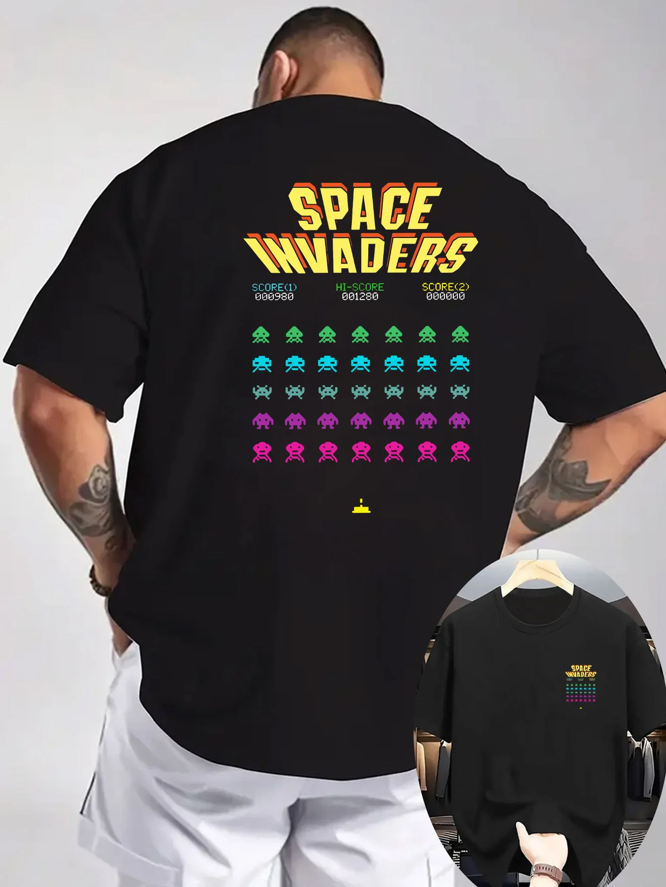 Men's Arcade Graphic T-Shirt - Light Gray Space Invaders Print Retro Video Game Design - Pure Cotton All-Season Streetwear