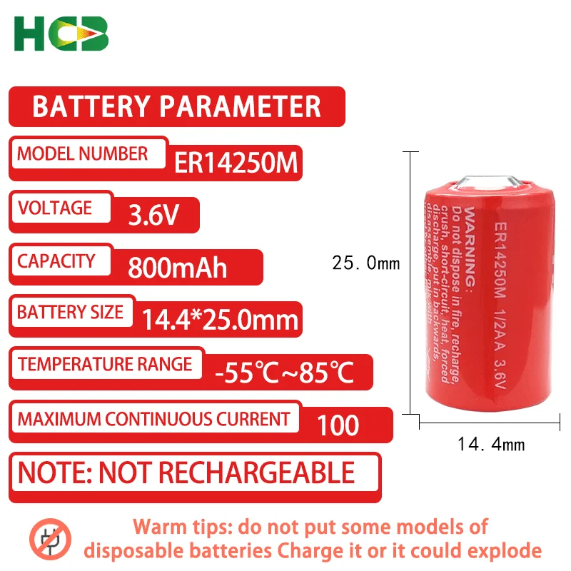 HCB ER14250M Add 51005 Plug Disposable Lithium Battery Electronic Tag Temperature Control Smoke Detector Pancreatic Pump