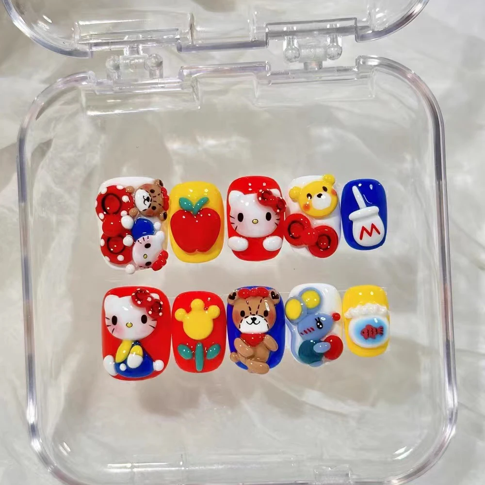 

Kawaii Classic Handwork HelloKitty Bear Press On Nails Art Party Sticker Red White Blue Yellow Flowers Apple Bow Mouse Fake Nail