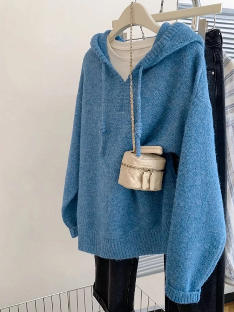 

Свободный свитер с капюшоном, женский повседневный универсальный вязаный топ, пуловер в ленивом стиле, осень-зима, женские шикарные повседневные теплые свитера