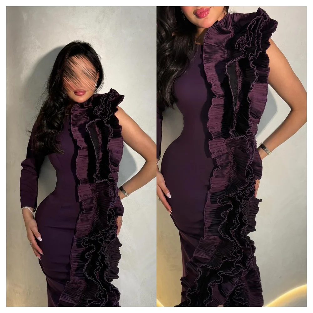 تخصيص حورية البحر رائعة الأرجواني جيرسي مساء اللباس حساسة عالية العنق أكمام حزب اللباس أزياء المشاهير العباءات