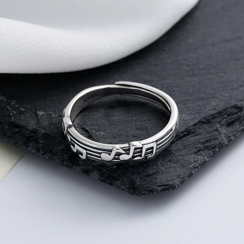 S925 Sterling Silver Ring, Staff Music Note Couple Ring Retro Old Fashion Music Ring Women's Opening Jewelry