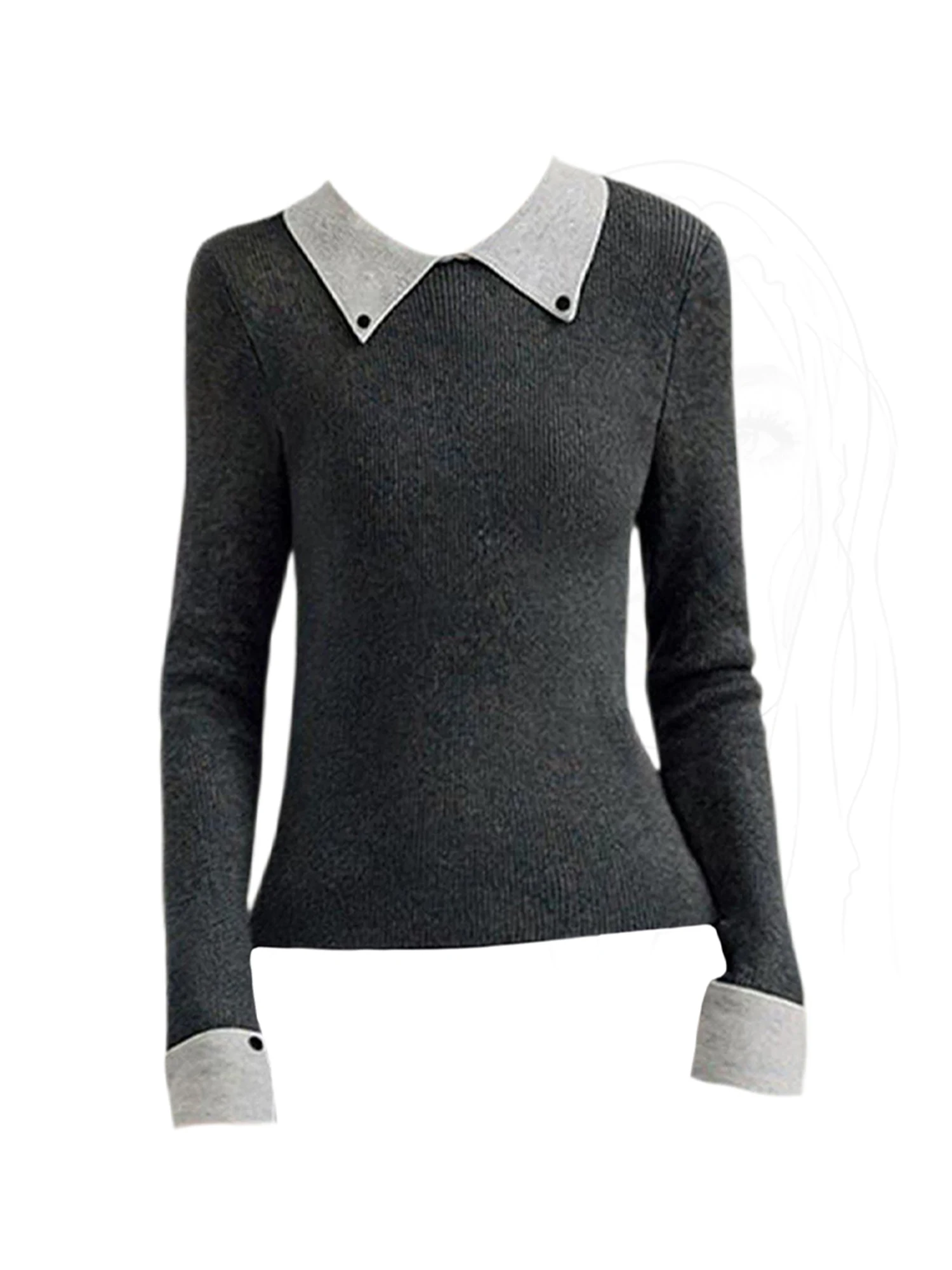 

Women's Dark Grey Knit Pullover Polo-Neck Sweater Vintage Jumper Knit Long Sleeves Cashmere Sweater Autumn Winter 2000s Clothes