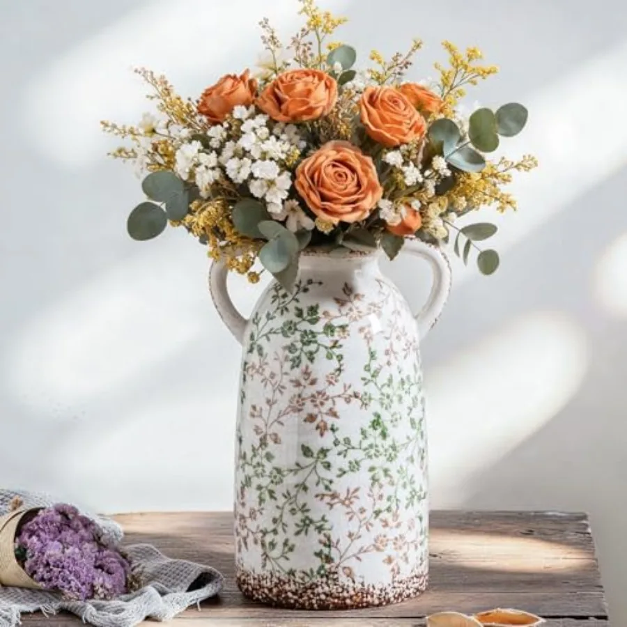 

11.2" Vtage Choiserie Green Beige Floral Vase, Ice Cracked Ceramic Vase, Large Handcrafted Pastoral Rustic Decorative Vase for