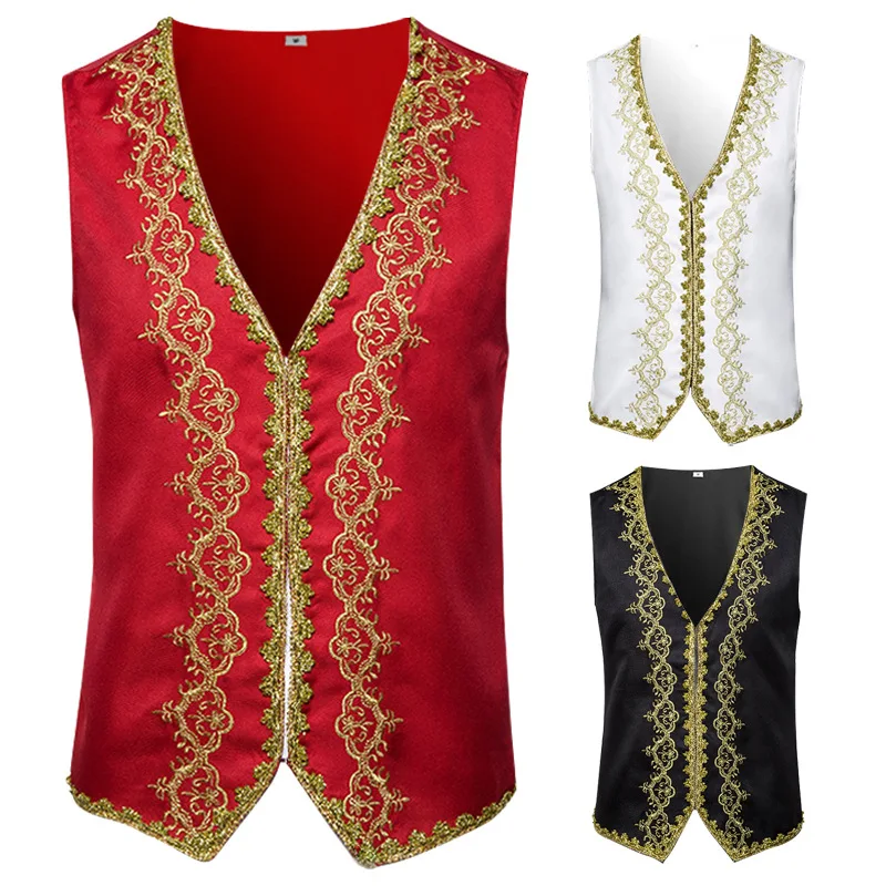 Male Corset Vest Tummy Shaper Dress Waistcoat Lace Up Boned Vintage Vest Waist Trainer Red Print Tight Tops Costume Stage Party