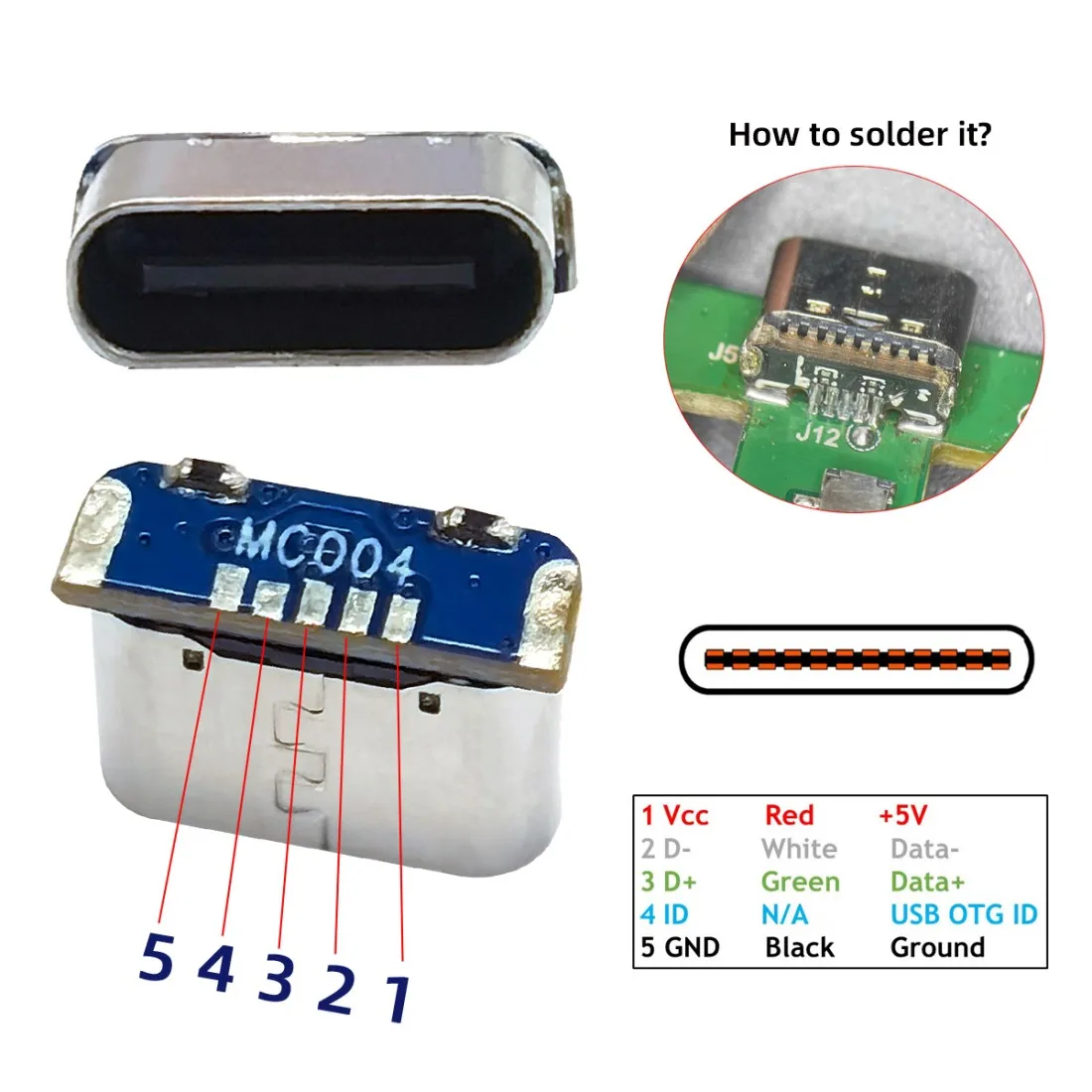 CableCC 5pcs/lot DIY Solder SMT Type Type-C Female Socket Replace Connector for MiNIn-USB 5Pin Female DC 5V Power