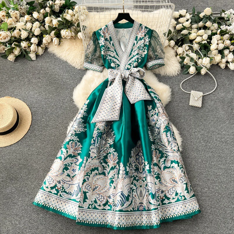 2024 New Palace Style Women\'s Dress Spring Summer Lace Puff Short Sleeve Belt Pocket V Neck Bohemian Loose Female Clothes Dress