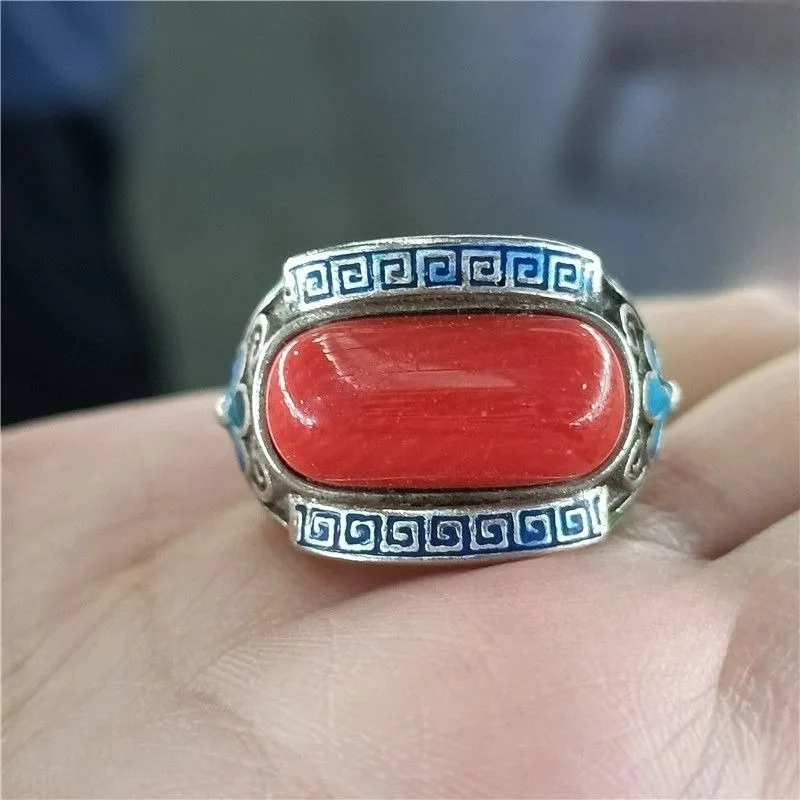 Vintage Tibetan Silver Inlaid Gemstone Ring, Ethnic Style Adjustable Open Band