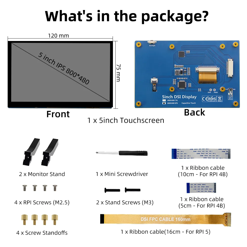 شاشة iUoYoMon مقاس 5 بوصات 800 × 480 DSI IPS، شاشة تعمل باللمس لـ Raspberry Pi 5 4 B 3 B+ A+ بدون سائق