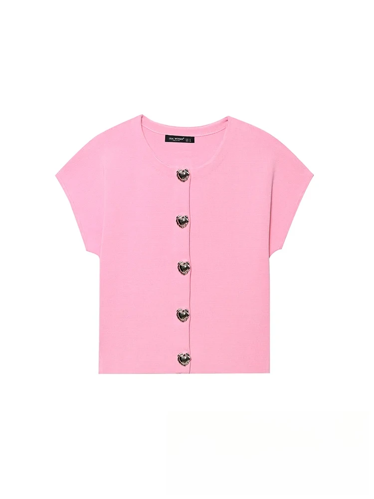 

KONDALA повседневные шикарные женские топы розового цвета с круглым вырезом и пуговицами в форме сердца, вязаный тонкий топ с короткими рукавами, модный топ на весну и лето 2024, праздничный топ