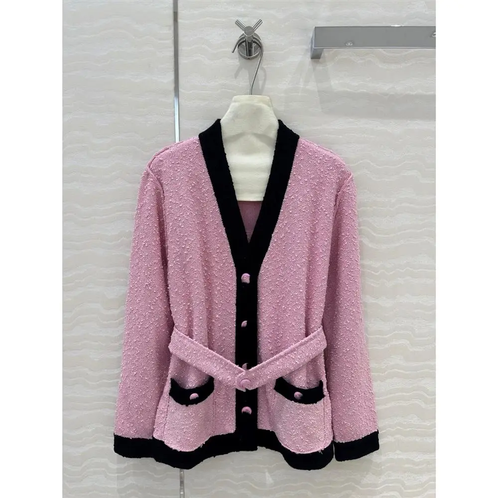 

Autumn Winter Pink V-neck Knitted Open Cardigan Double Pocket Design Versatile Slimming Outerwear for Women Casual Style