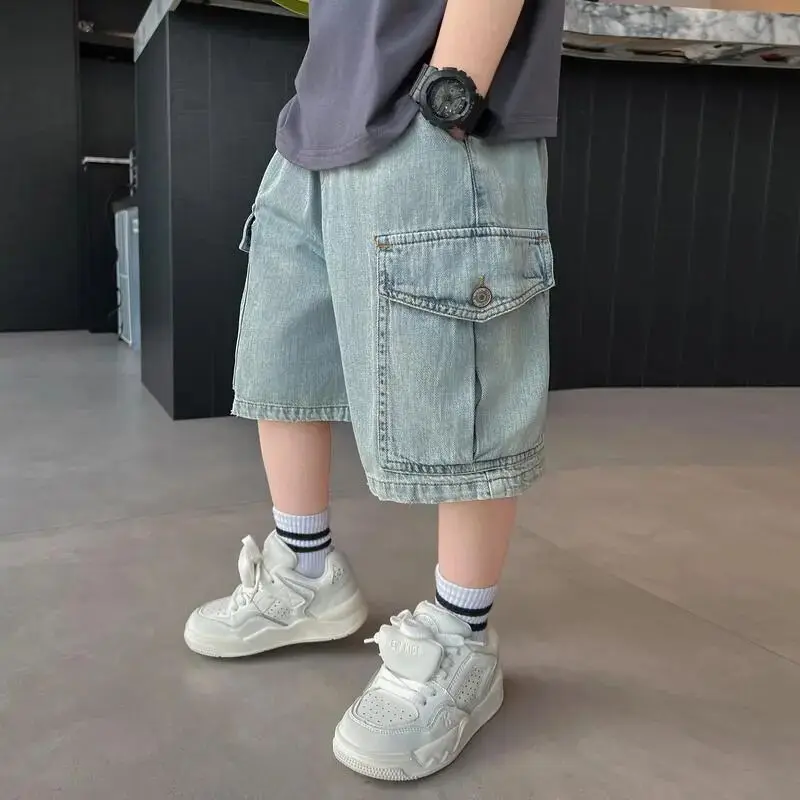 

Teenage Boy Shorts Summer Outfit New Children's Loose Denim Mid Pants Stylish Five Quarter Jeans