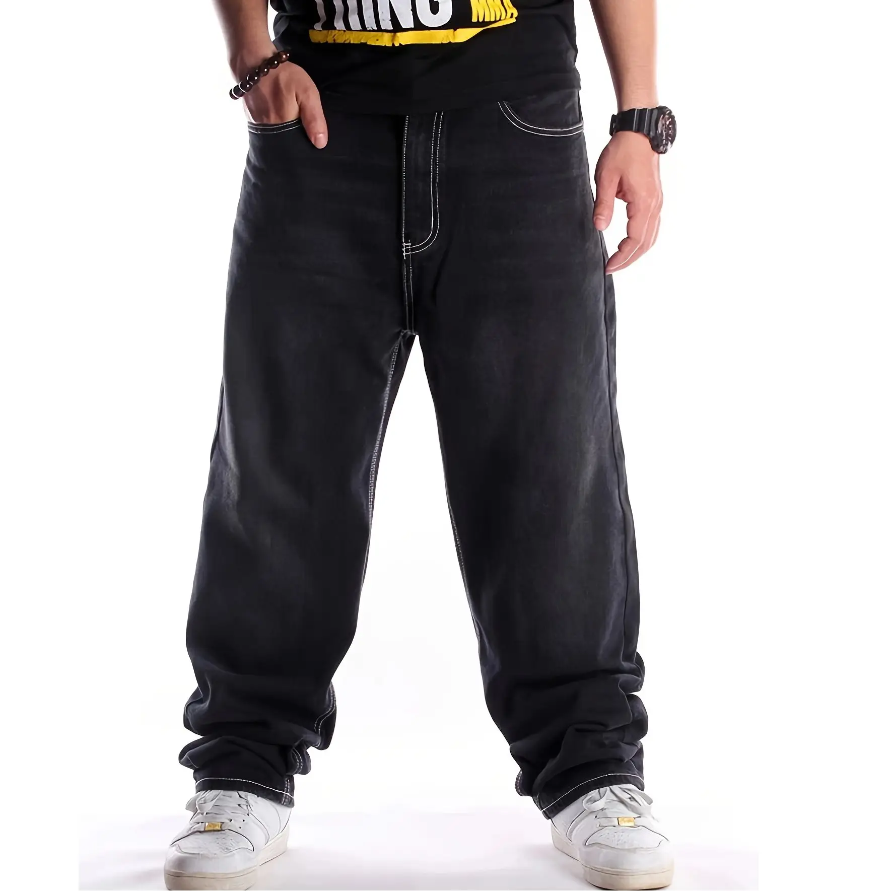 

Street trend black versatile washed denim jeans men's hip-hop loose wide leg plus fat plus plus plus size street dance pants