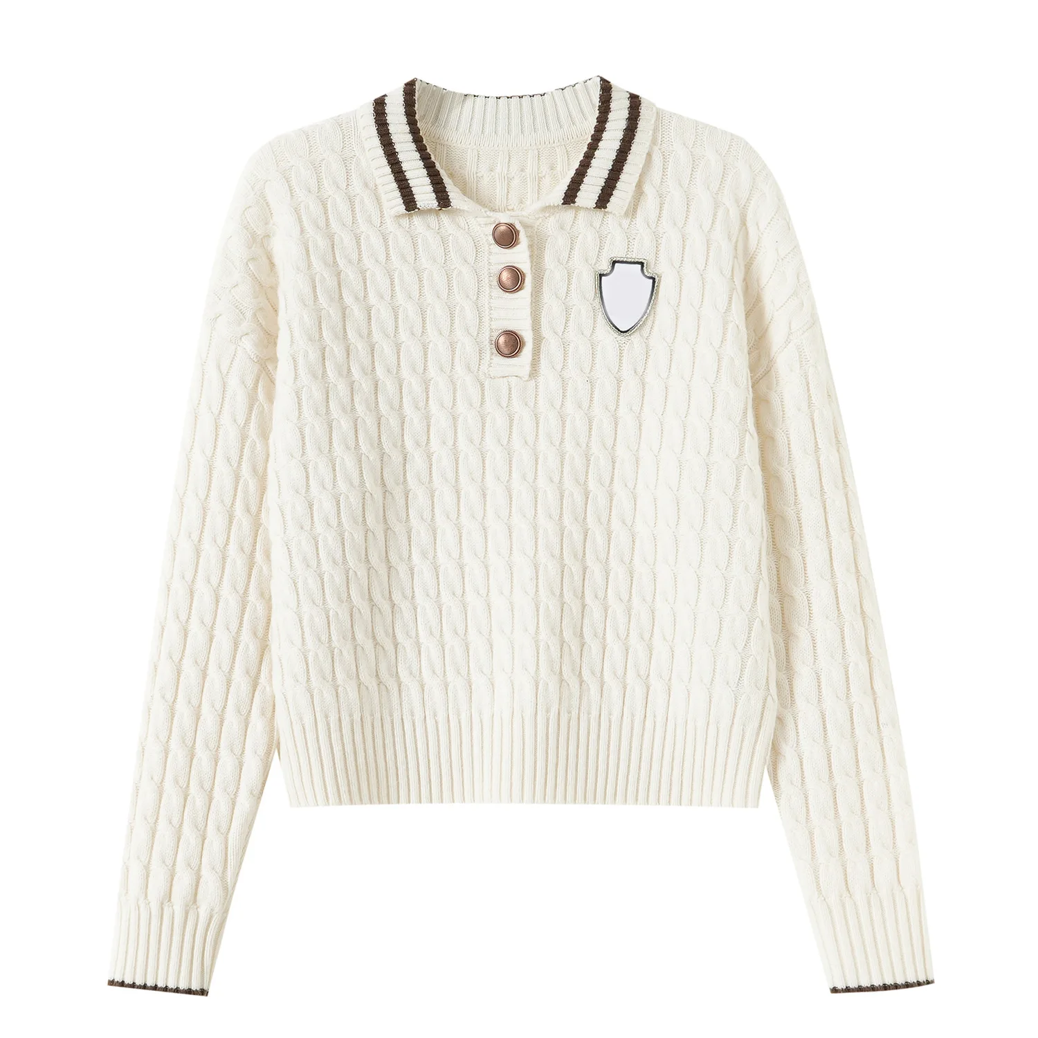 Jersey de punto con cuello tipo Polo blanco para mujer, chaqueta de estilo universitario Vintage, moda de otoño, prendas de vestir exteriores nuevas, Top de punto holgado de manga larga