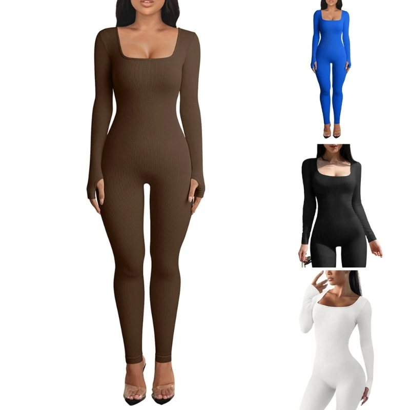 Womens Bodycon Thumbhole Long Sleeve Square Neck One Piece Jumpsuit Rompers Solid Color High Waist Ribbed Sport Dropship