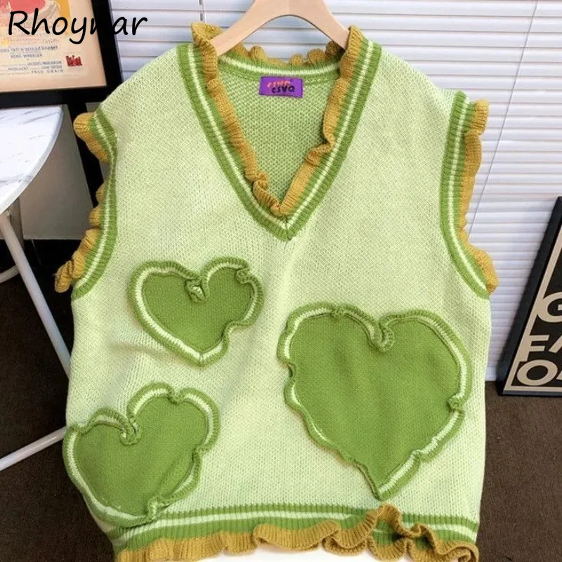 

Green Love Sweater Vests Women Gentle Ulzzang Autumn Knitted Y2k Students Lovely Designed Aesthetic Ruched Prairie Chic Harajuku