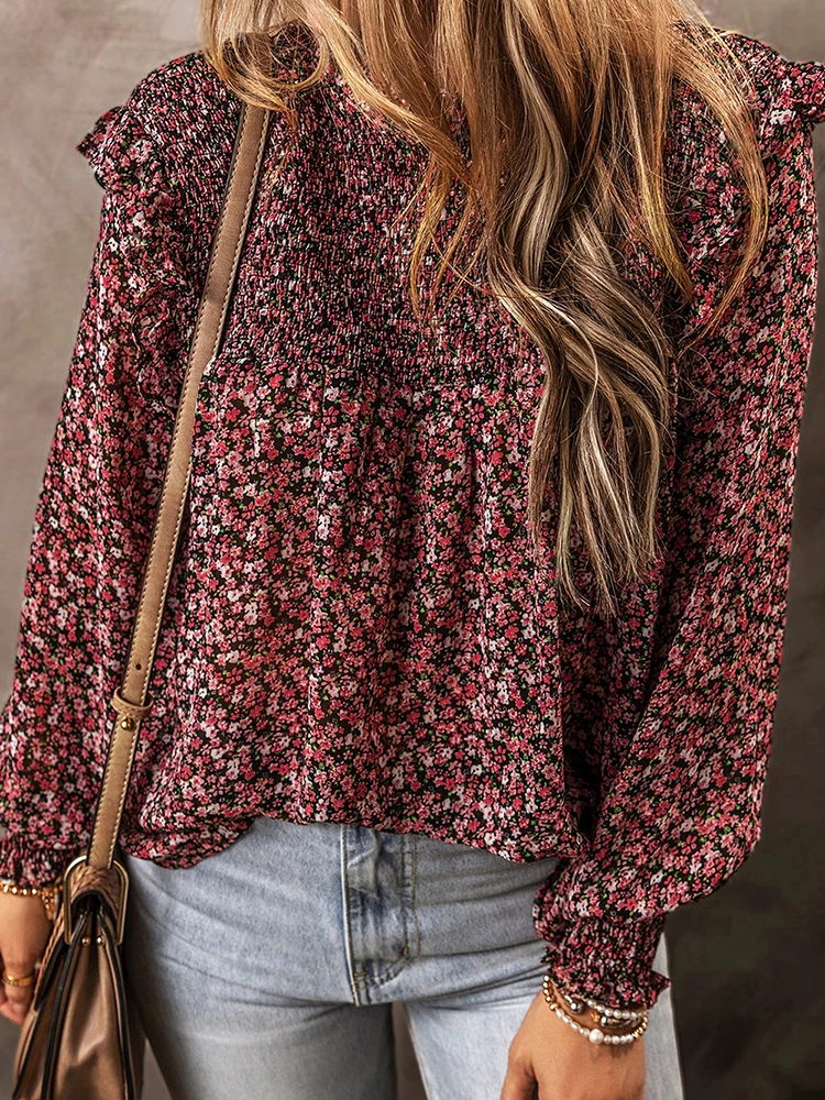 Wiosenna Cienka Bluzka Damska z Szyfonu w Kwiatowy Wzór, Luźny Krój, Okrągły Dekolt, Długi Rękaw, Poliester