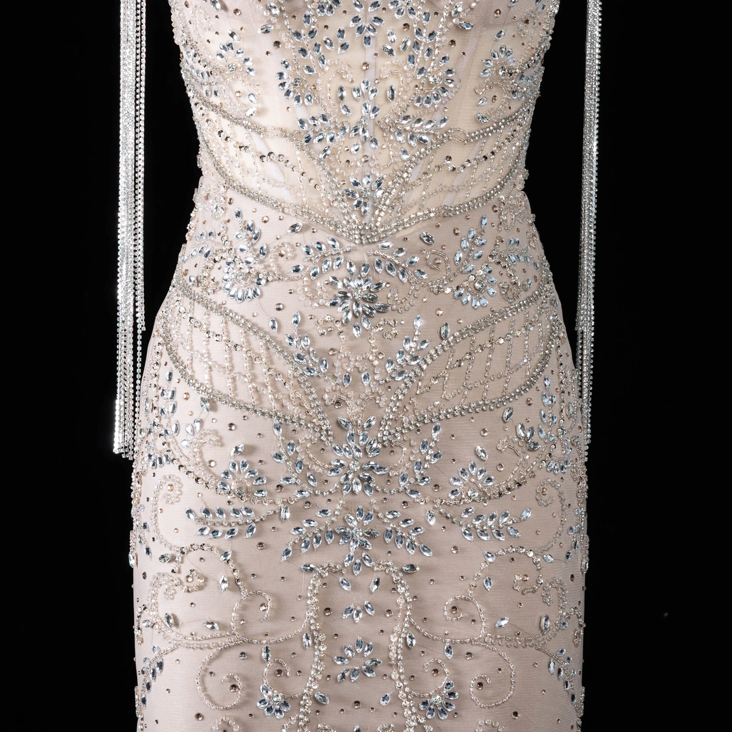Sharon Said Luxuriöses Champagner-Abendkleid mit hohem Kragen, Spaghettiträgern, Quastenumhang, Meerjungfrauen-Schnitt, für formelle Anlässe, Partykleid SS182, maßgeschneidert – Detail 8