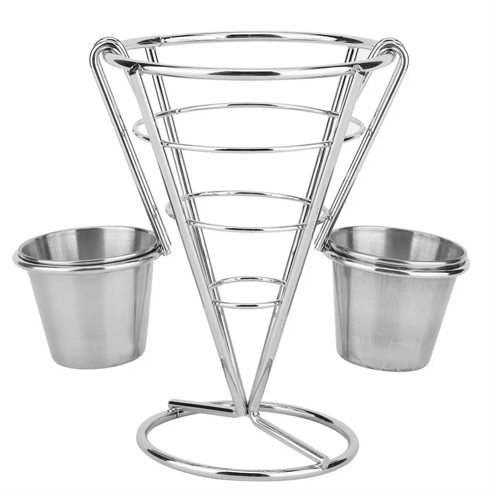 Durable Iron French Fry Cone Holder with Sauce Cup Sliver Fries Display Stand Convenient Study Fries Baskets Home Restaurant