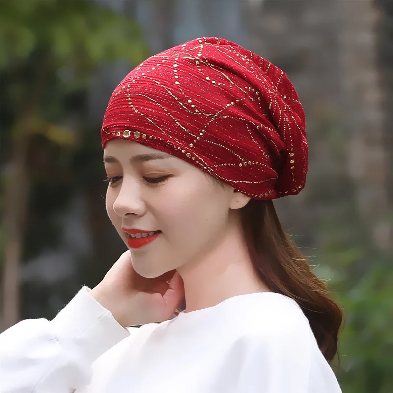 Female Spring Autumn Windproof Warm Confinement Cap Headscarf Women Summer Lace Rhinestone Breathable Sunscreen Sun Hat W54