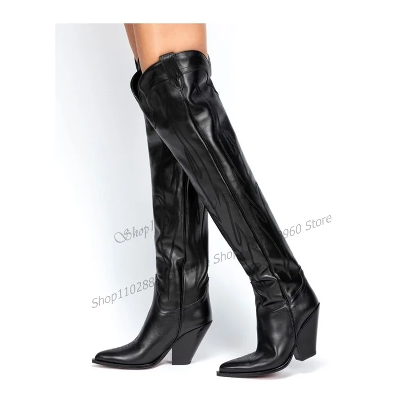 Black Leather Simple Style Knee High Boots Wedges Heel Women Shoes Side Zipper Pointed Toe 2023 Fashionable Zapatos Para Mujere