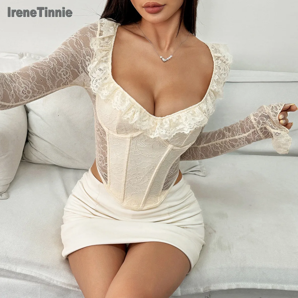 IRENE TINNIE Ruffled Lace Corset Top - Slim Long Sleeve Shirt
