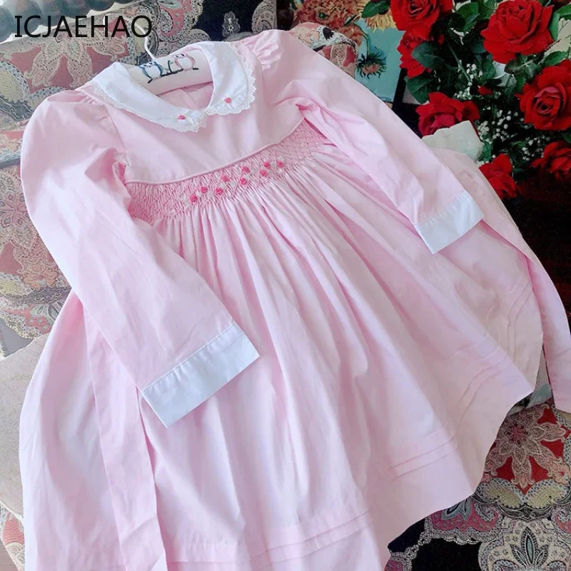 Smocked Pink Dress Baby Girl Vintage Spanish Frock Handmade Smocking Emboridery Toddler infant Children Boutique Clothes Outfit