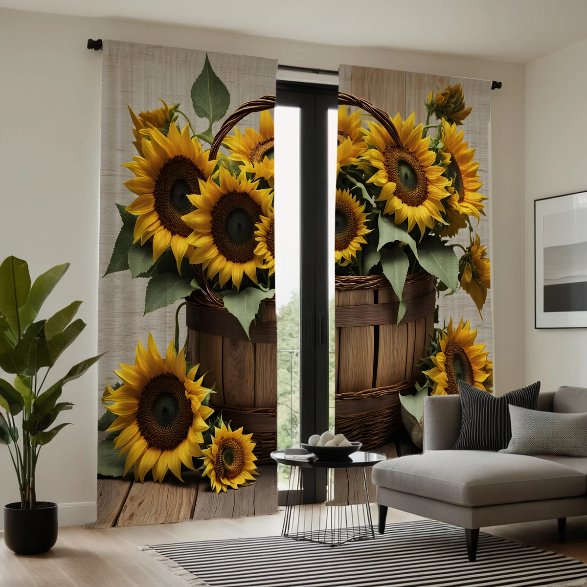 Cesta HD con flores de girasol, cortina decorativa amarilla con estampado digital, decoración del hogar, estilo, 2 piezas