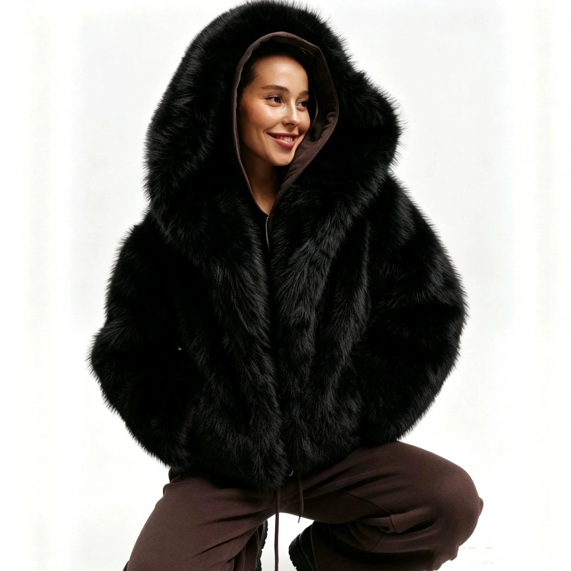 Women Big Hooded Faux Fur Jacket Luxury Fluffy Short Furry Coat Winter Very Warm Overcoat New Version Outwears