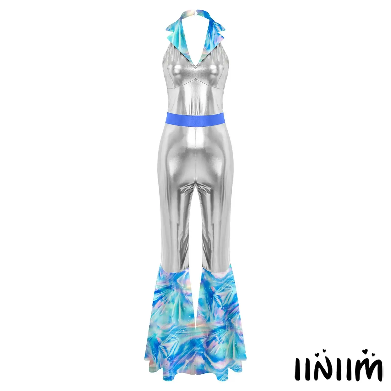 

Комбинезон для вечеринки на тему Хэллоуина 70-80 годов, женский блестящий расклешенный костюм для дискотеки, винтажный костюм без рукавов для ночного клуба, танцевальное платье